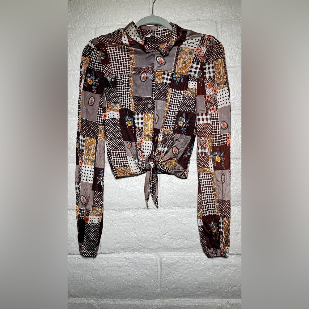 Byer California Brown Patchwork Tie-Front Blouse